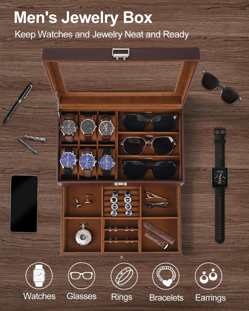Jenseits Watch Organizer & Jewelry Box for Men – 6 Watch Slots, 3 Sunglass Slots, Drawer for Rings, Bracelets & Cufflinks, 2-Layer Leather Watch Display Case w/Glass Lid, Gift for Men & Women, Brown - Image 2